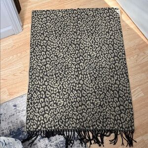 Leopard Print Fringe Scarf Wrap in Black and Beige